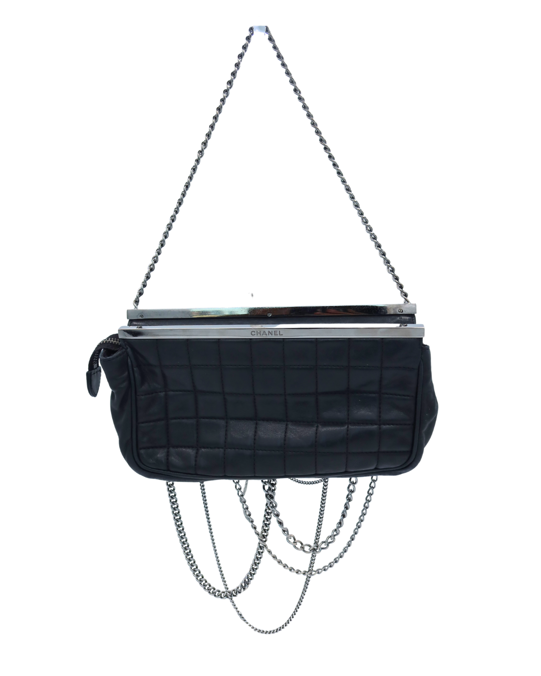Chanel Multi Chain Black Chocolate Bar Quilted Leather Frame Clutch