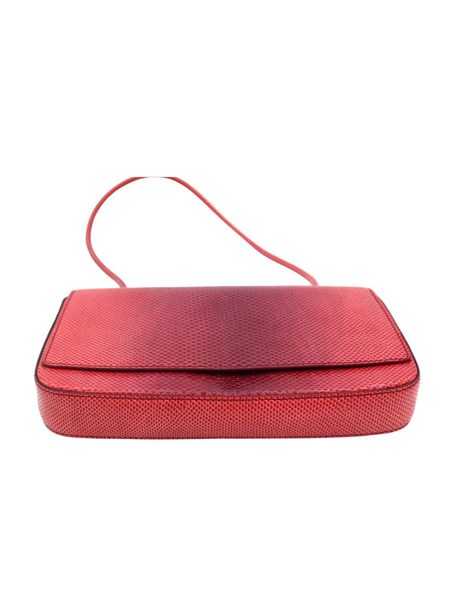 Gucci Vintage Red Lizard-Textured Leather Flap Shoulder Bag with Gold Bar