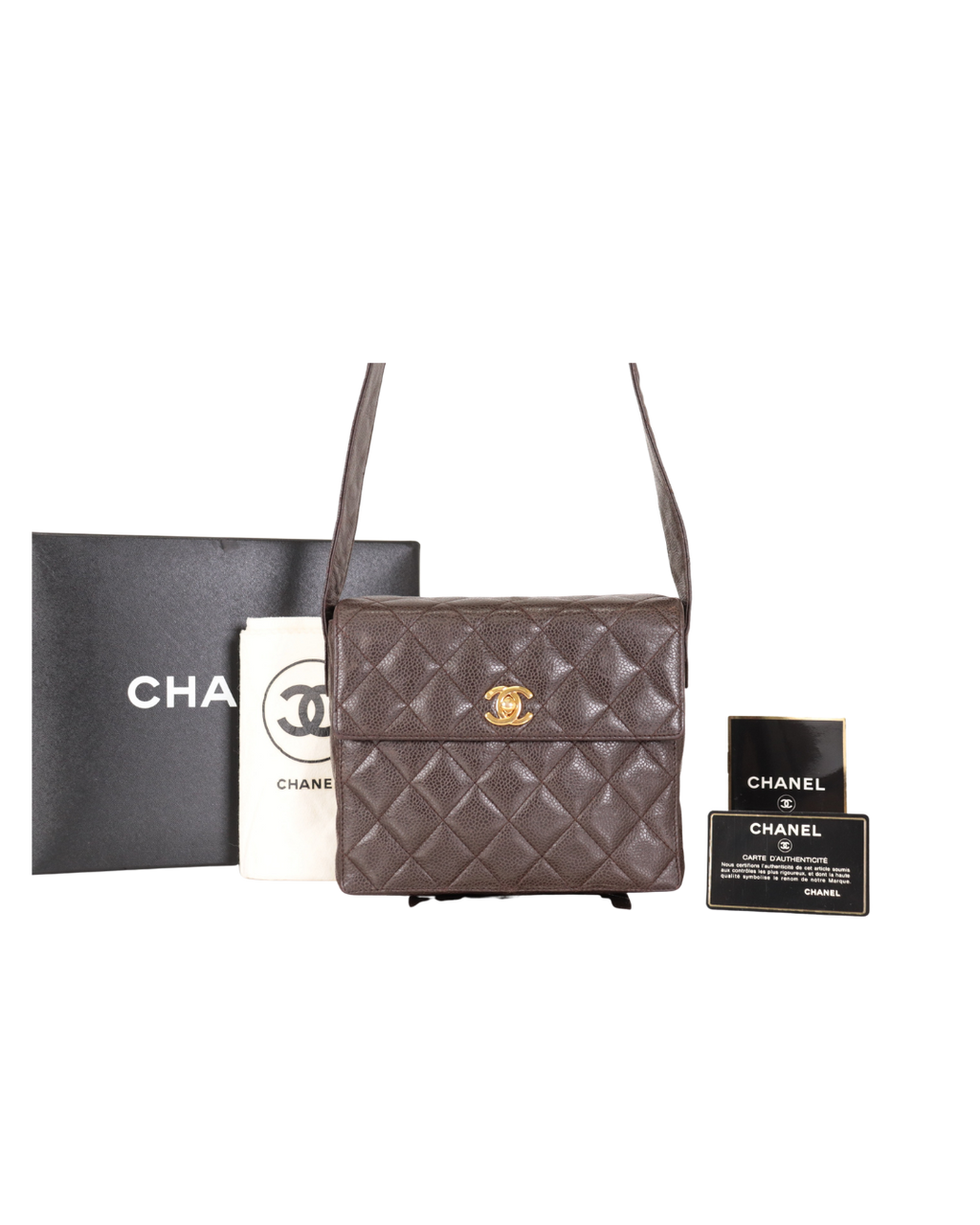 Chanel Vintage Brown Quilted Caviar Square Flap Crossbody Bag 1996-1997