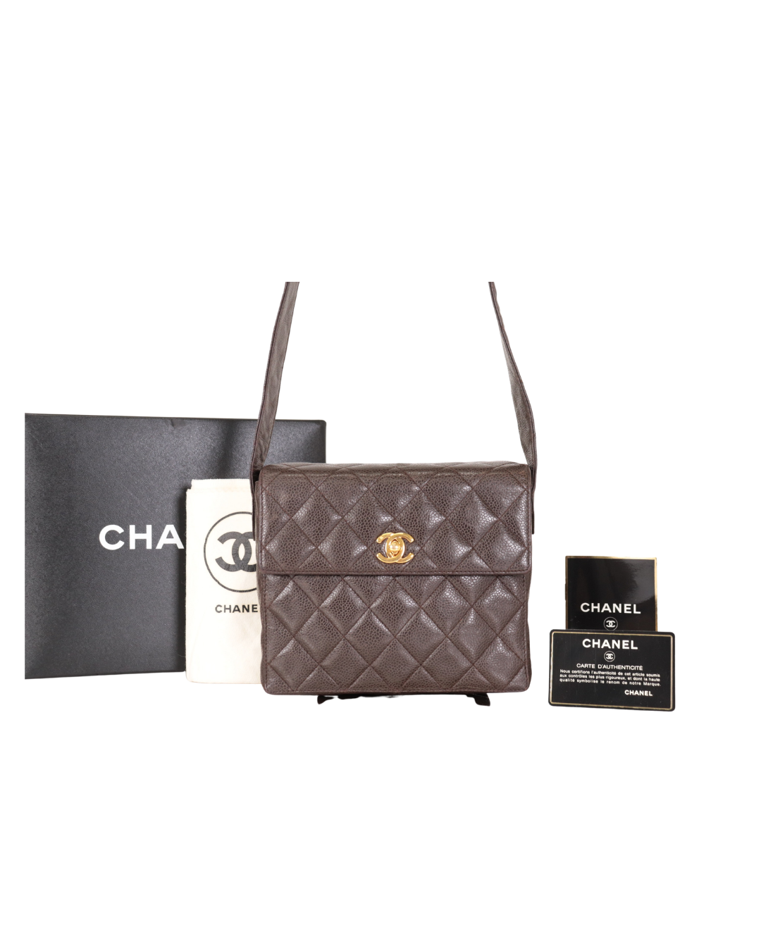 Chanel Vintage Brown Quilted Caviar Square Flap Crossbody Bag 1996-1997