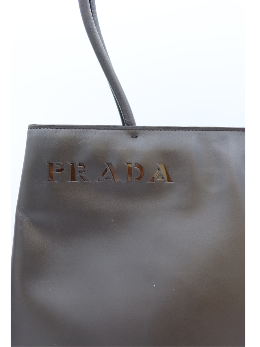 Prada Vintage Brown Leather Logo Tote Bag