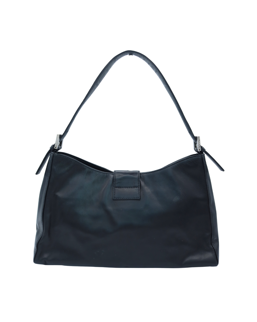 Fendi Vintage Black Leather Shoulder Bag with Green Buckle