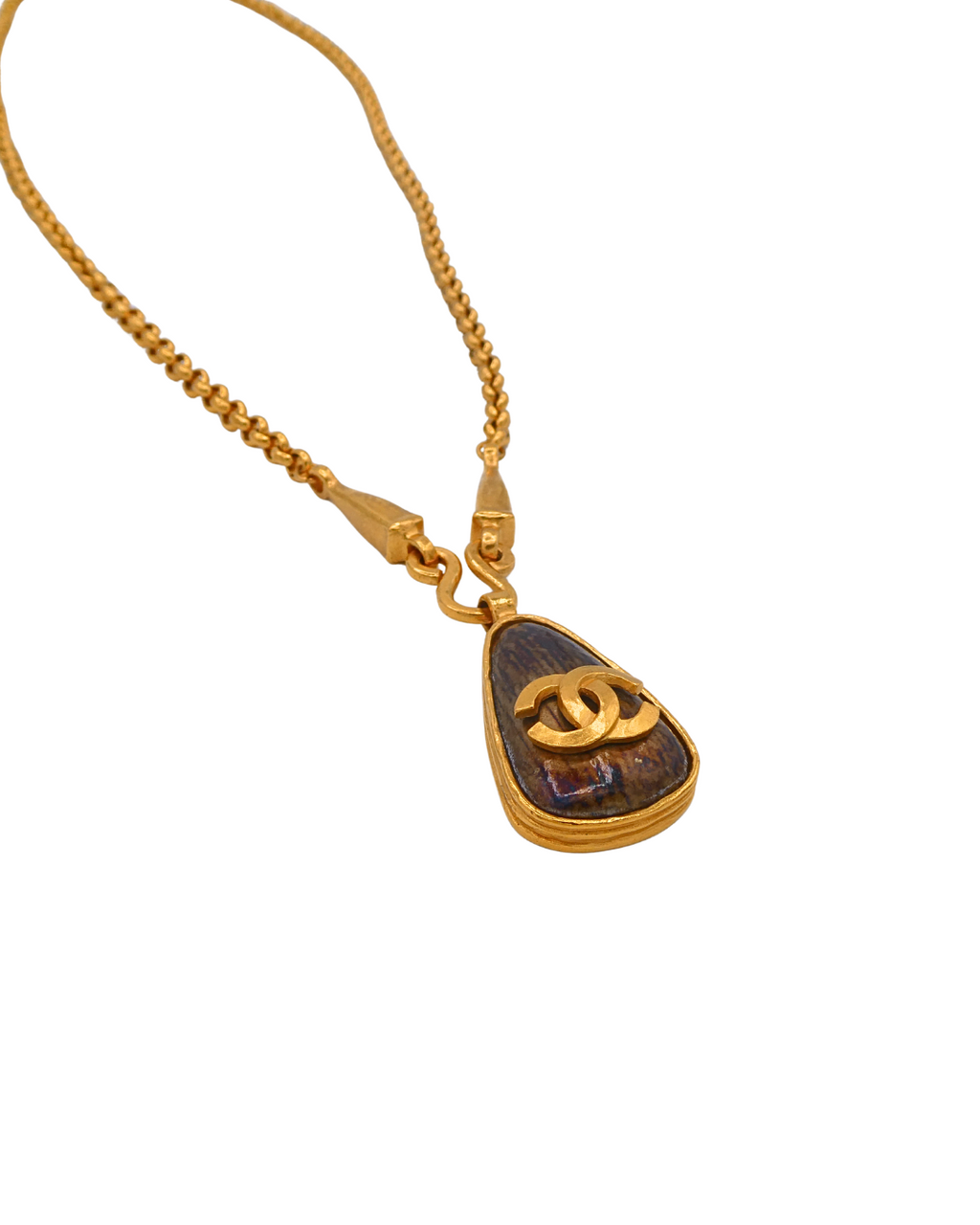 Chanel Vintage Gold Stone CC Logo Pendant Necklace