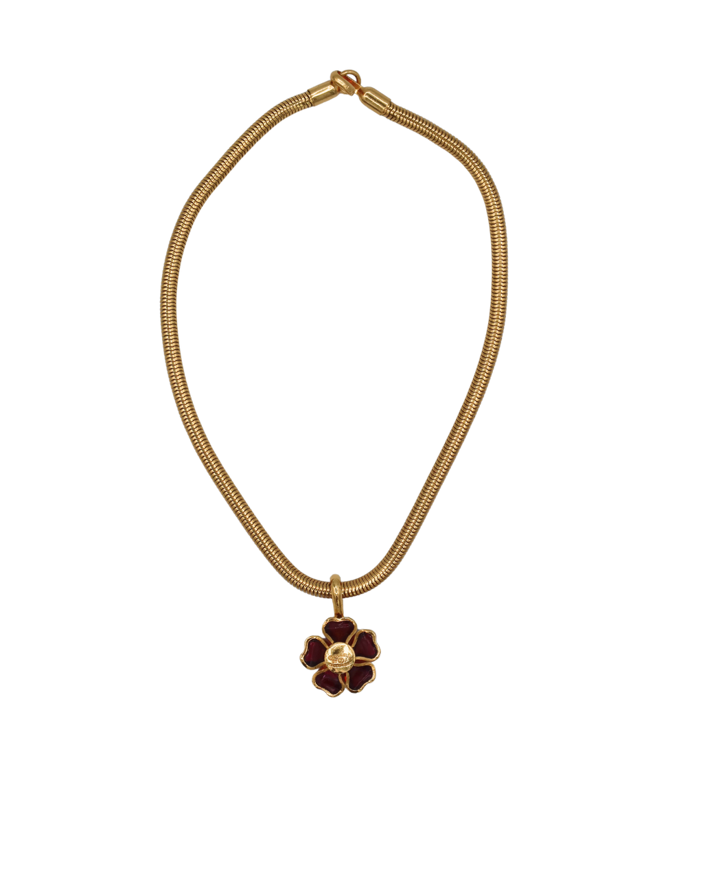 Chanel Vintage Gripoix Pink Red Camellia Gold Plated CC Logo Necklace 1997