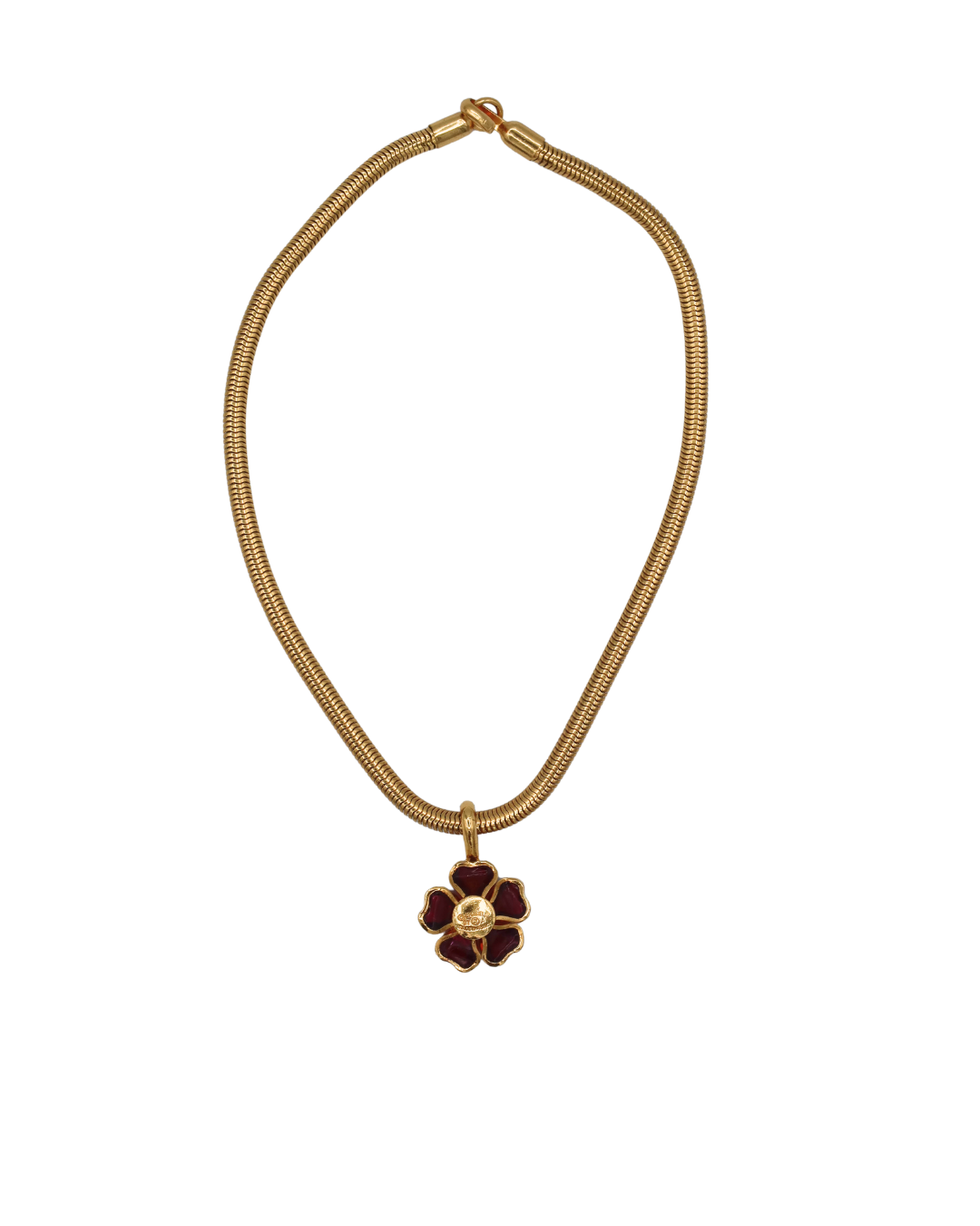 Chanel Vintage Gripoix Pink Red Camellia Gold Plated CC Logo Necklace 1997