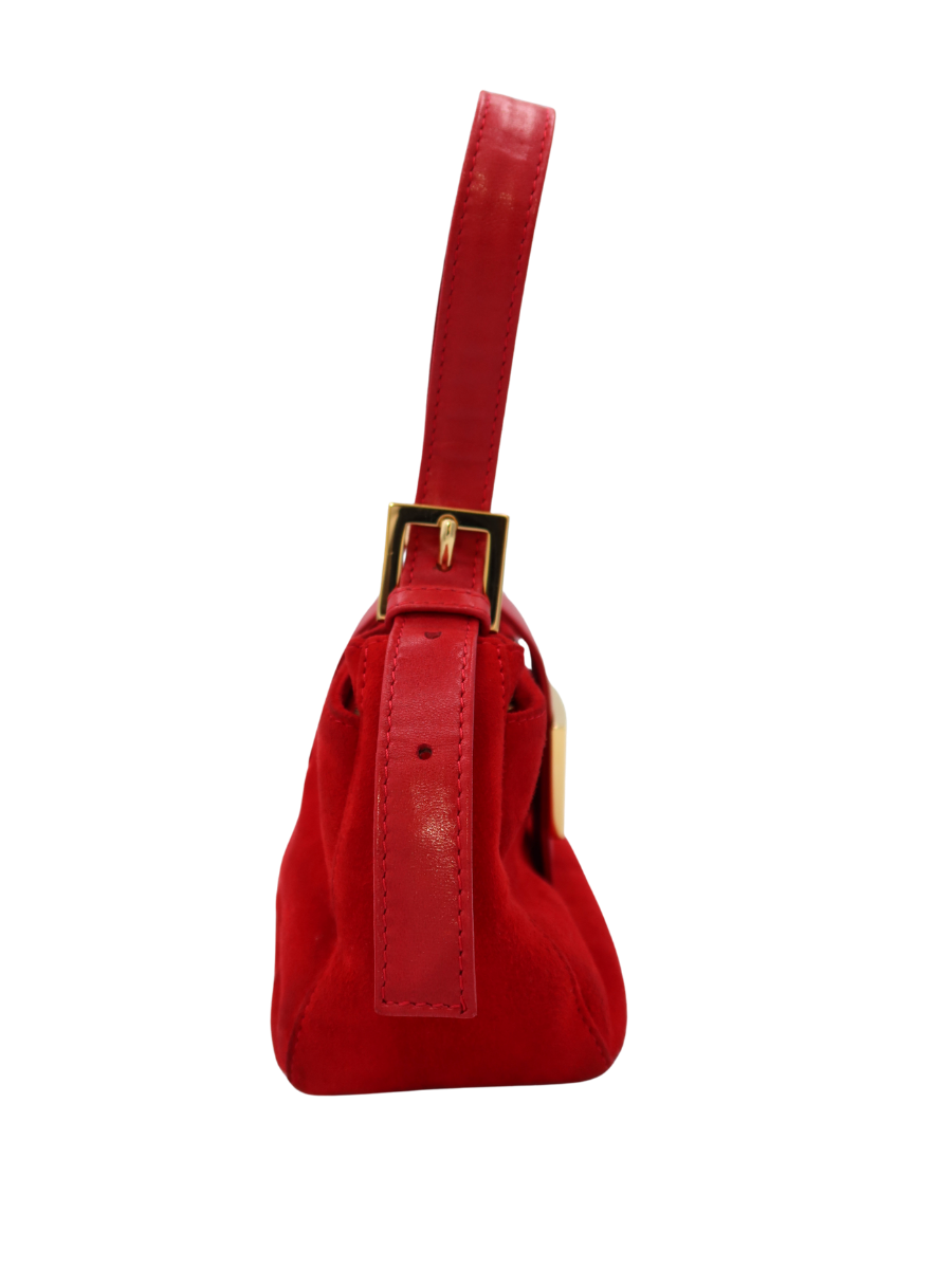 Fendi Vintage Mamma Baguette Red Suede Shoulder Bag with Glitter FF Buckle