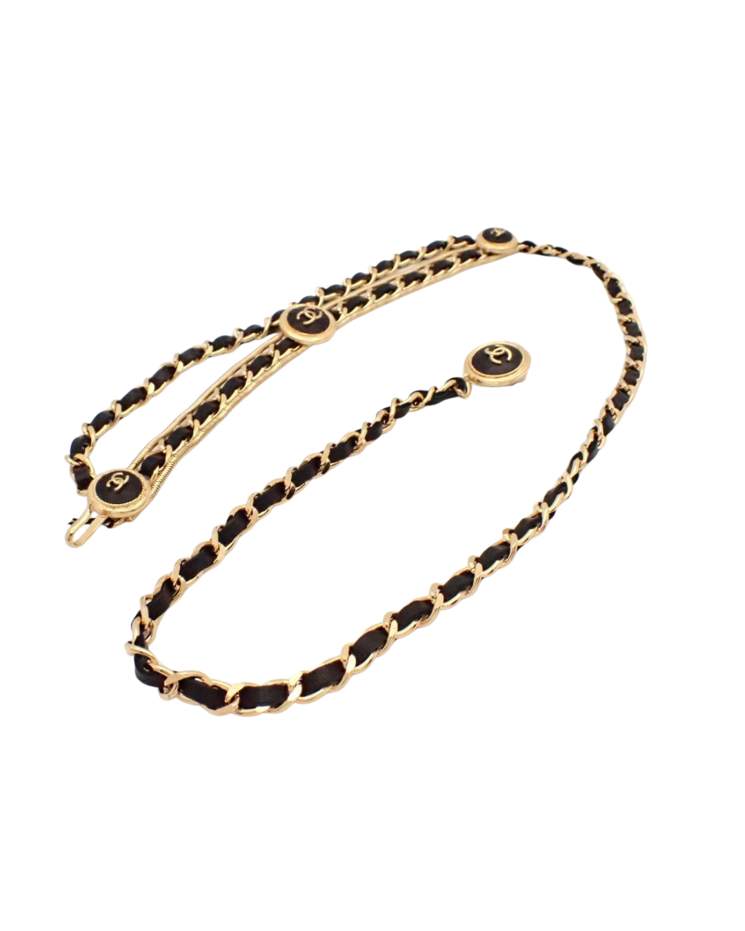 Chanel Gold Black Leather Chain Belt