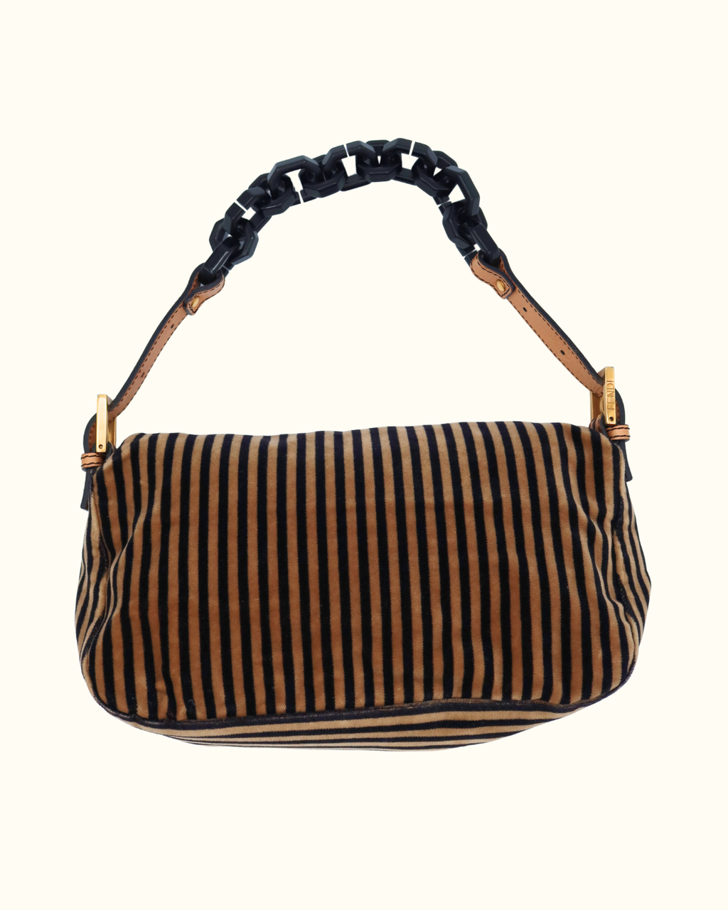 Fendi Velvet Black Beige Striped Baguette Bag