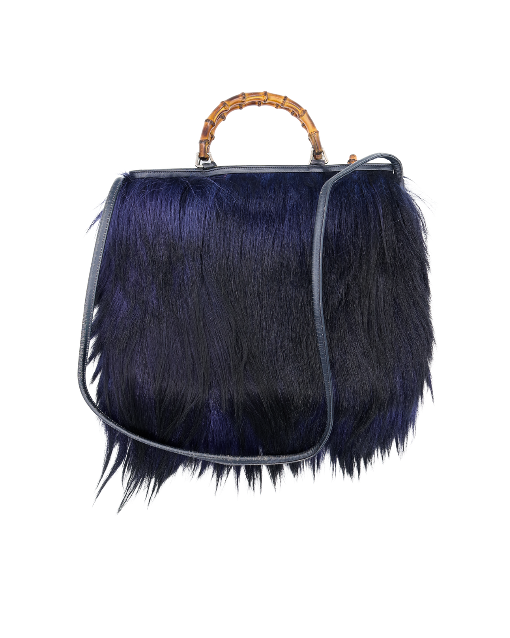 Gucci Rare Vintage Black and Blue Pony Hair Bamboo Bag 2 Way