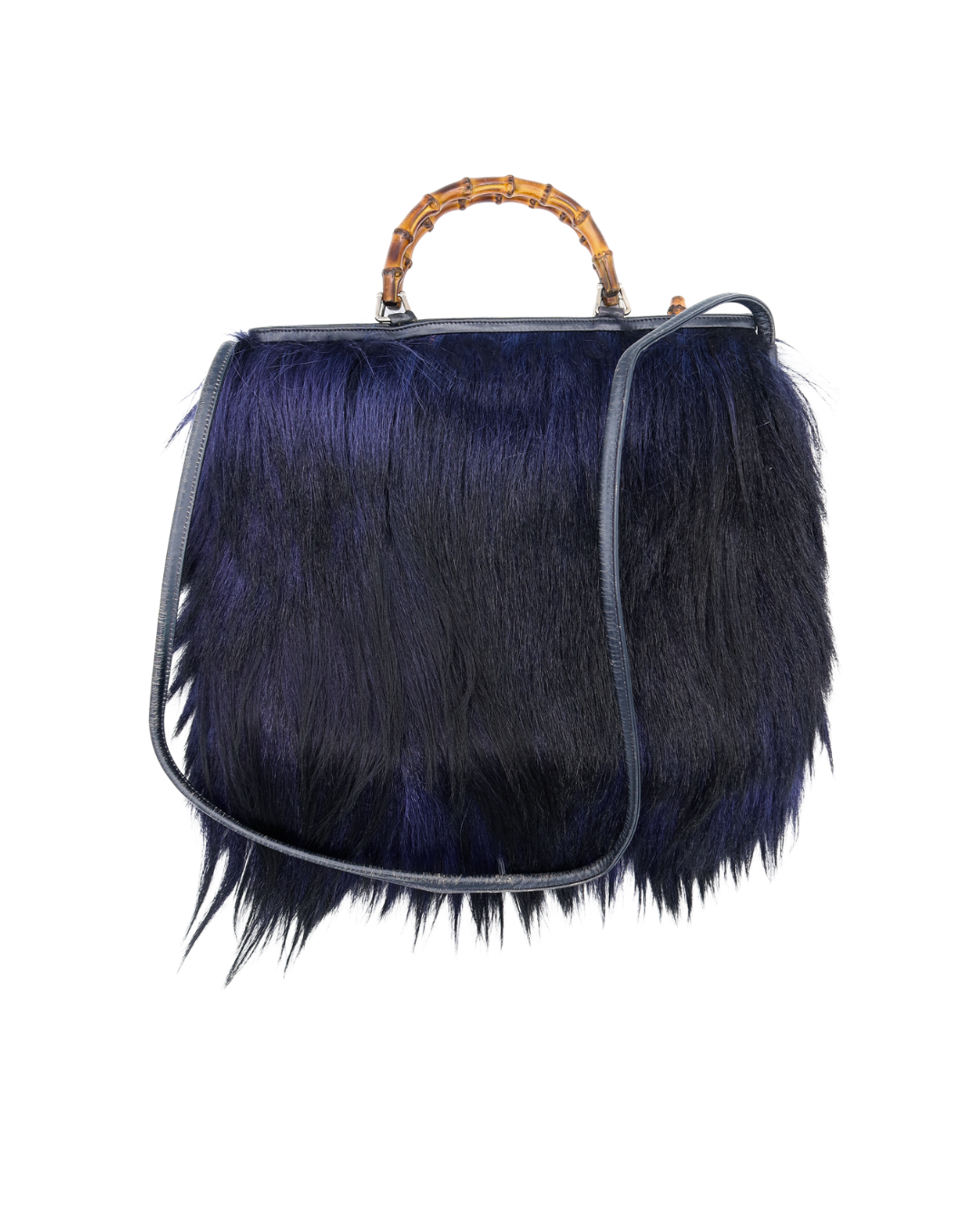 Gucci Rare Vintage Black and Blue Pony Hair Bamboo Bag 2 Way