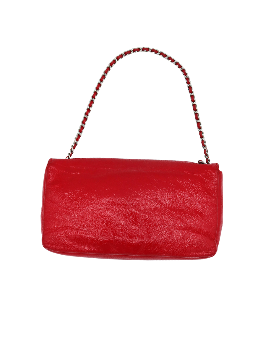 Chanel Vintage Red Crinkled Patent Leather Frame Flap Bag with Silver Hardware 2006-2008