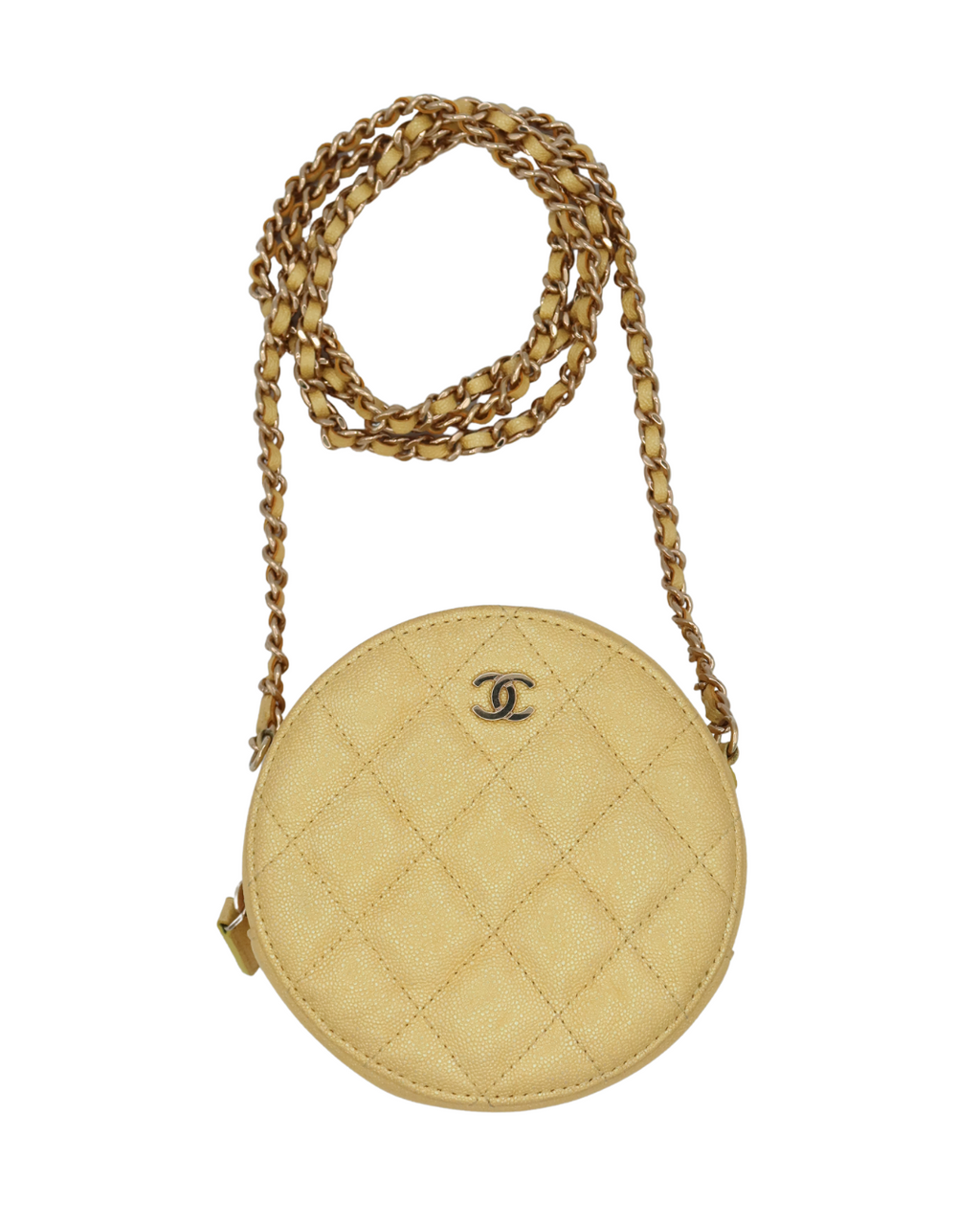 Chanel Round Clutch with Chain Mini Quilted Iridescent Caviar Leather Crossbody