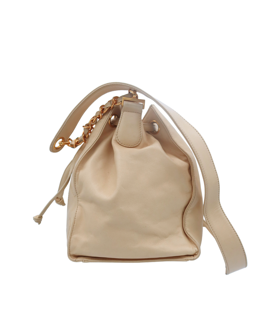 Chanel Vintage CC Drawstring Bucket Bag in Beige Lambskin Leather 1994-1996
