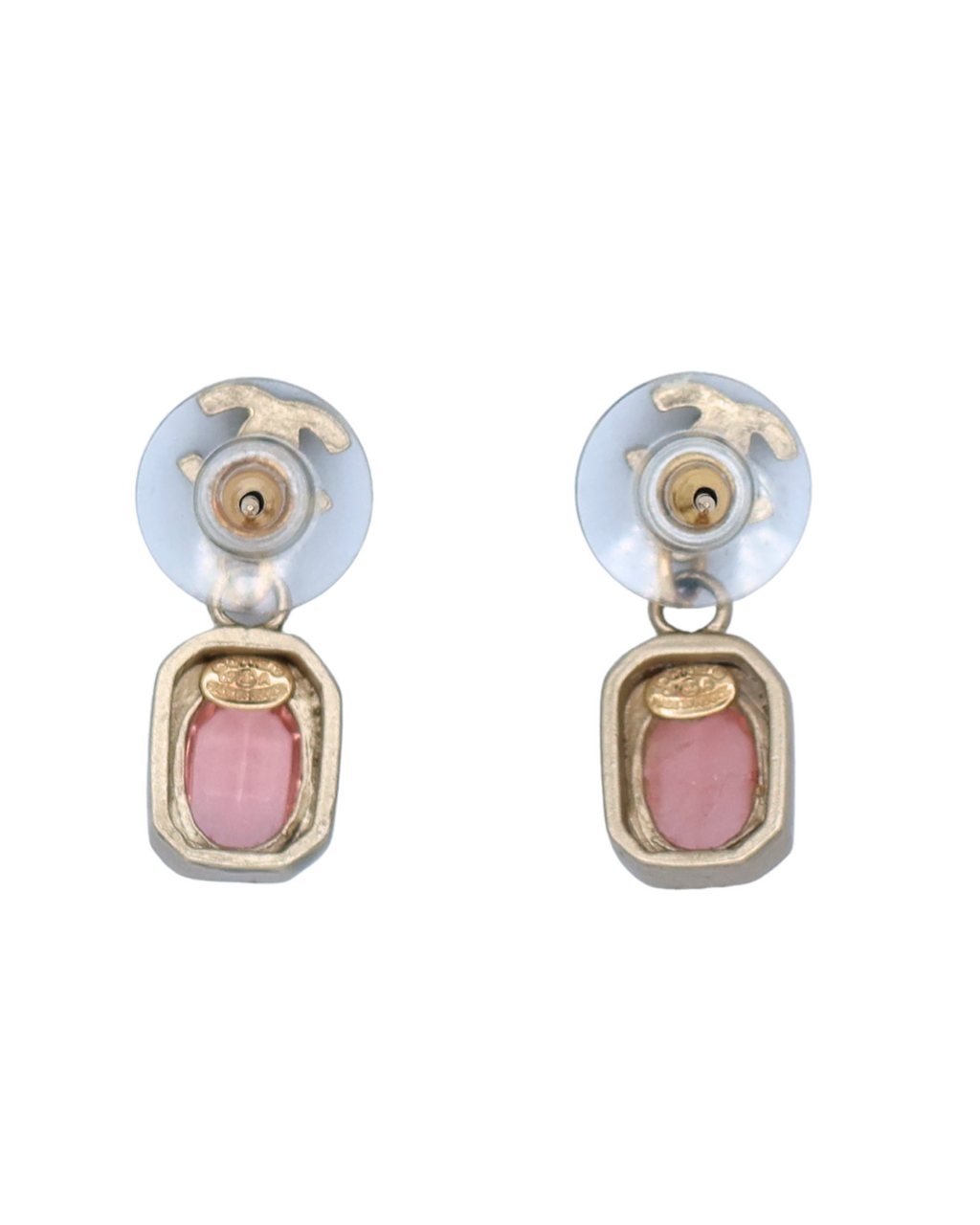 Chanel Gold CC Earrings with Pink Crystal Drop