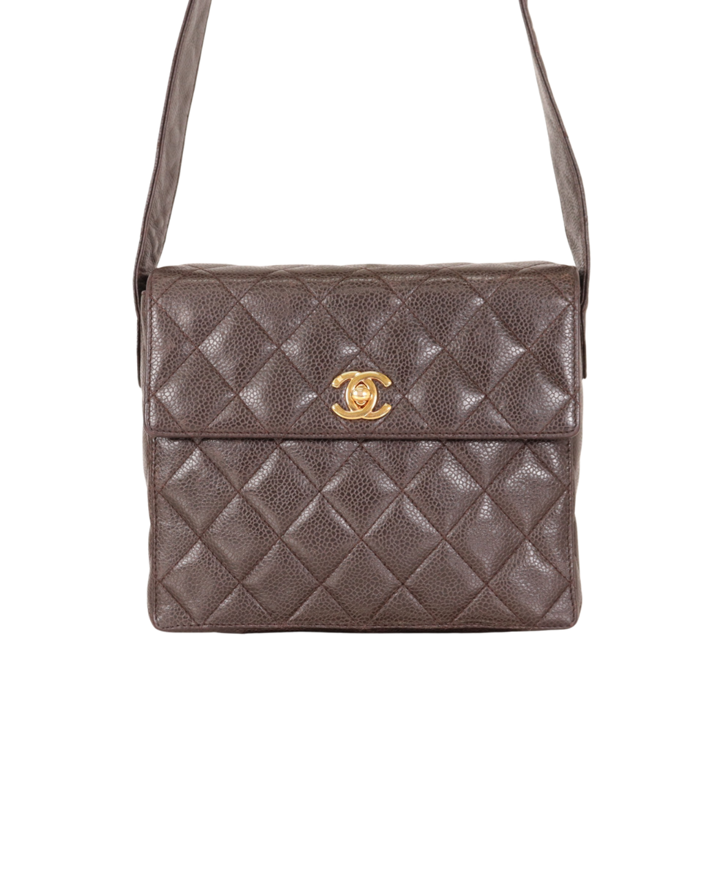 Chanel Vintage Brown Quilted Caviar Square Flap Crossbody Bag 1996-1997