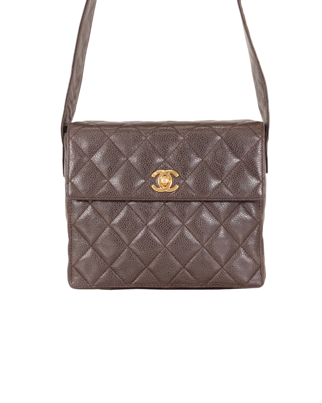 Chanel Vintage Brown Quilted Caviar Square Flap Crossbody Bag 1996-1997