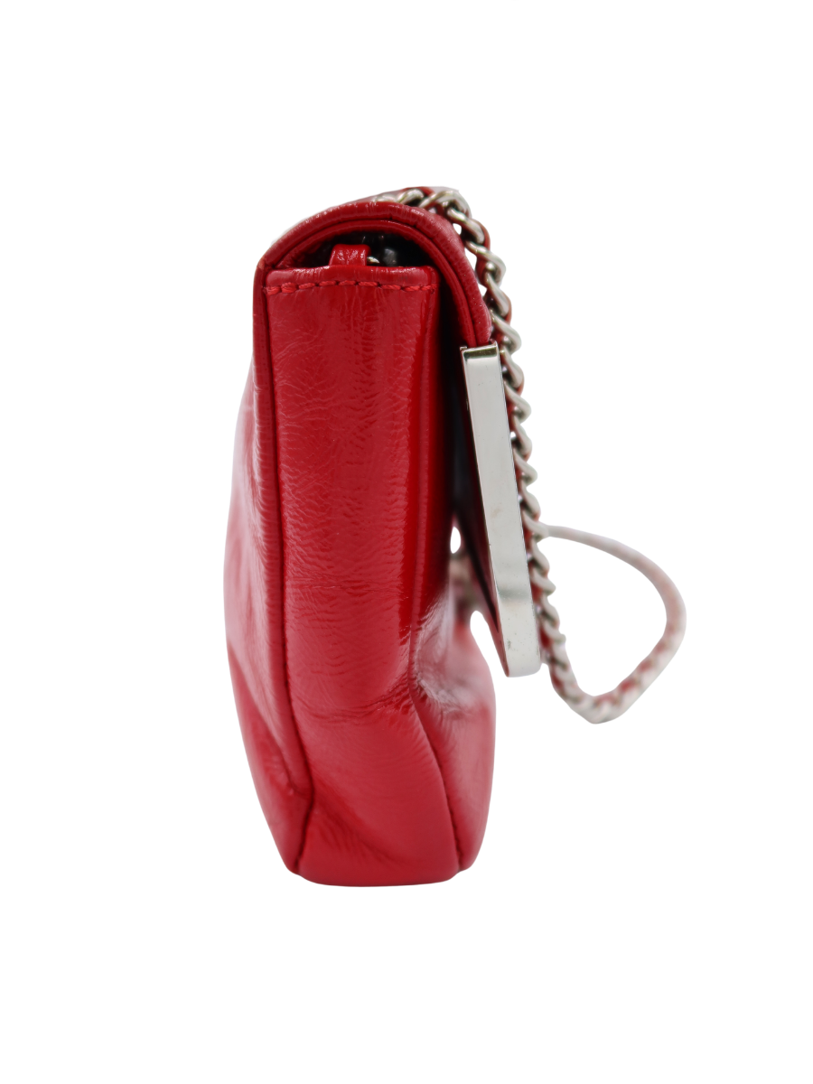 Chanel Vintage Red Crinkled Patent Leather Frame Flap Bag with Silver Hardware 2006-2008