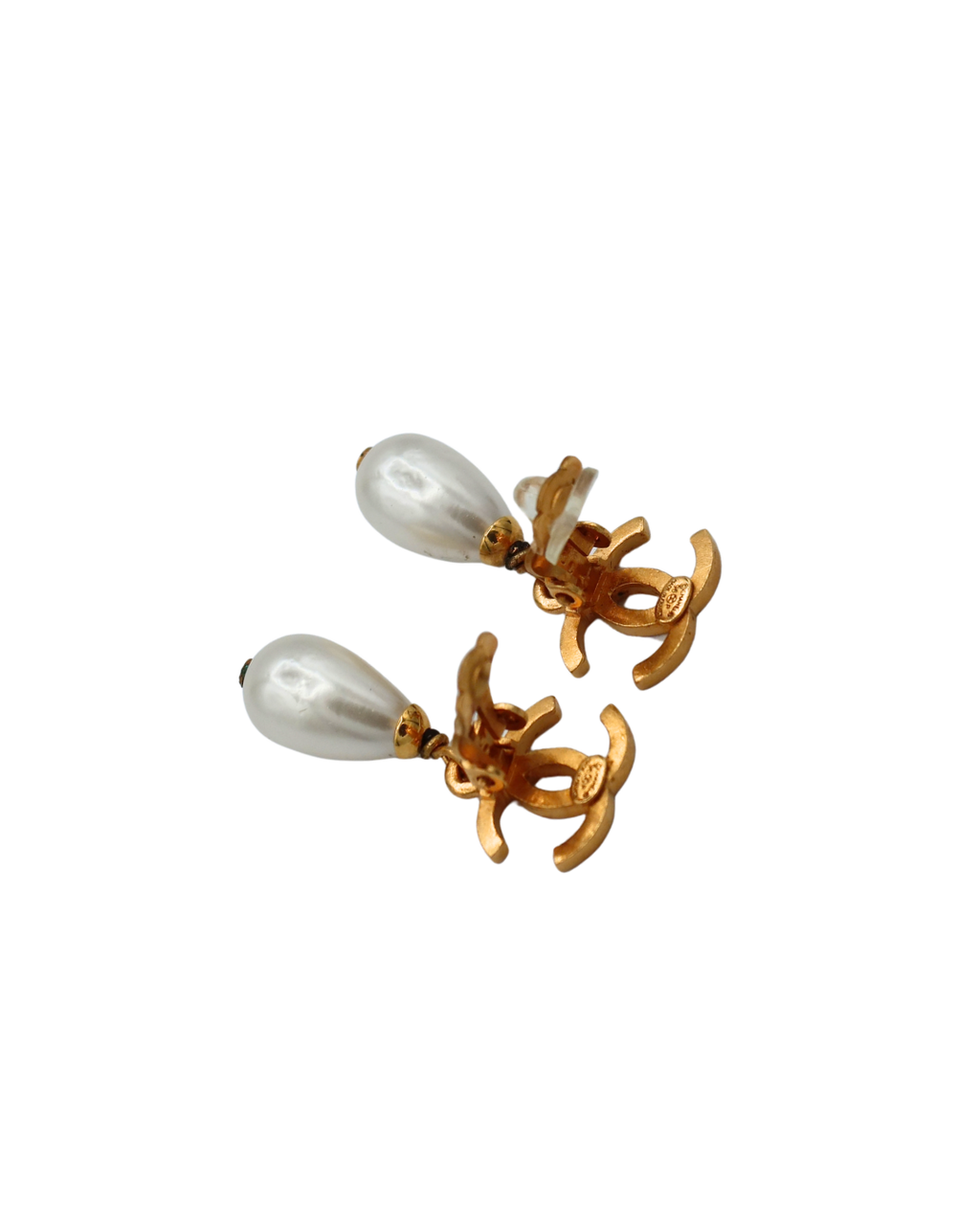 Chanel Vintage CC Pearl Drop Gold-Tone Clip-On Earrings 96P