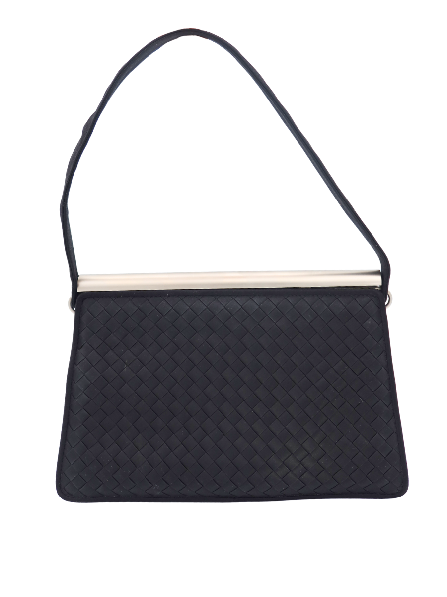 Bottega Veneta Vintage Black Intrecciato Frame Evening Bag with Silver Hardware