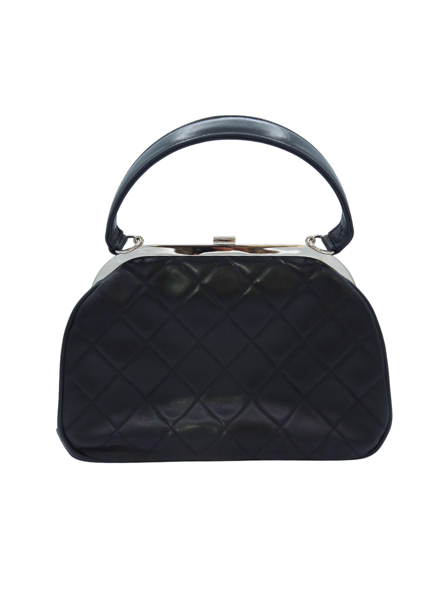 Chanel Vintage Black Quilted Lambskin Kiss Lock Frame Top Handle Bag 1996-1997