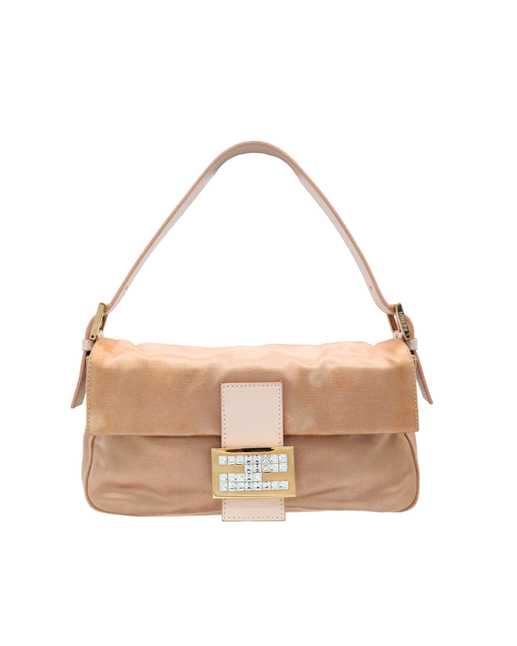 Fendi Baguette Shoulder Bag Pink Satin w/ Leather Straps & Rhinestone Hardware