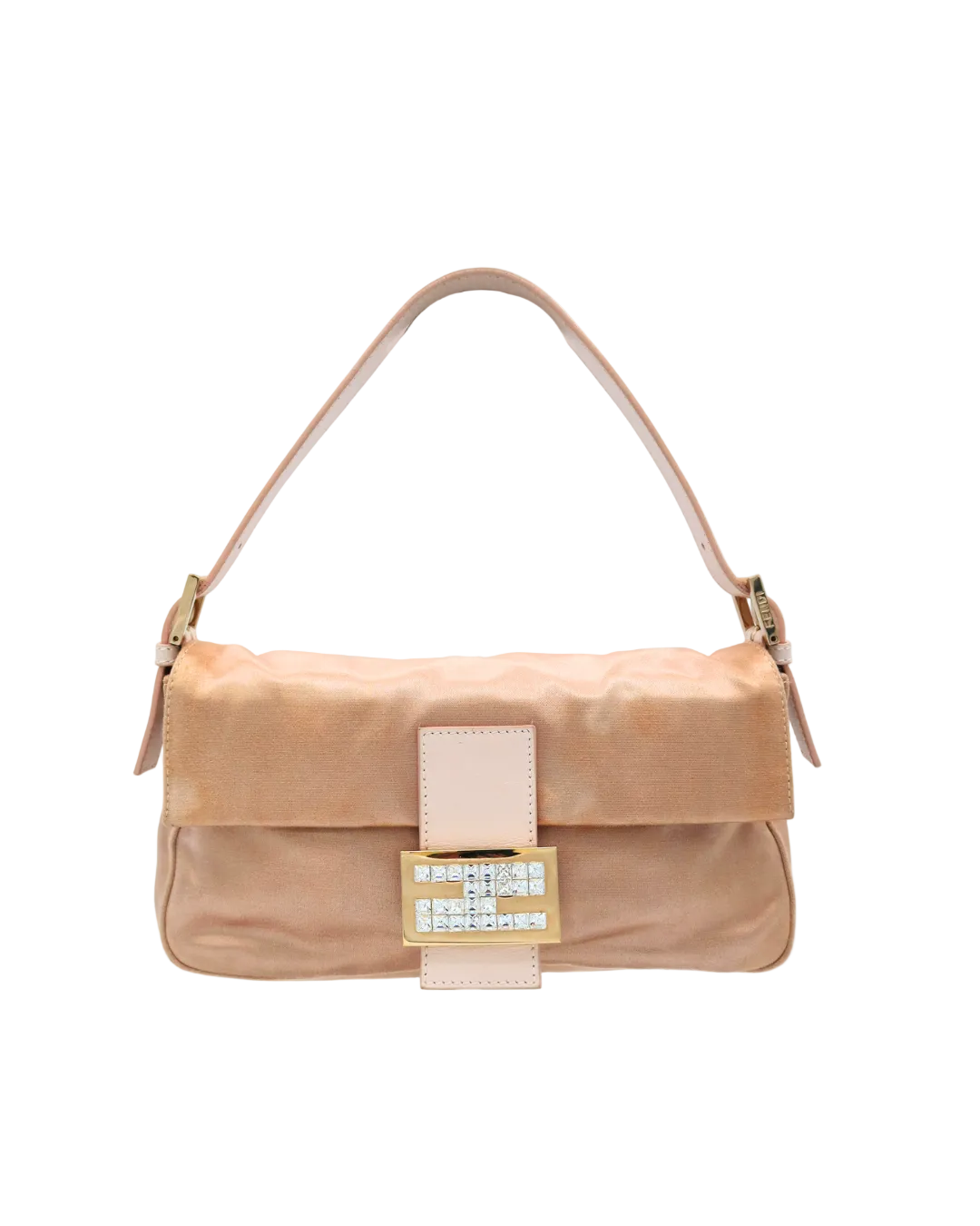 Fendi Baguette Shoulder Bag Pink Satin w/ Leather Straps & Rhinestone Hardware