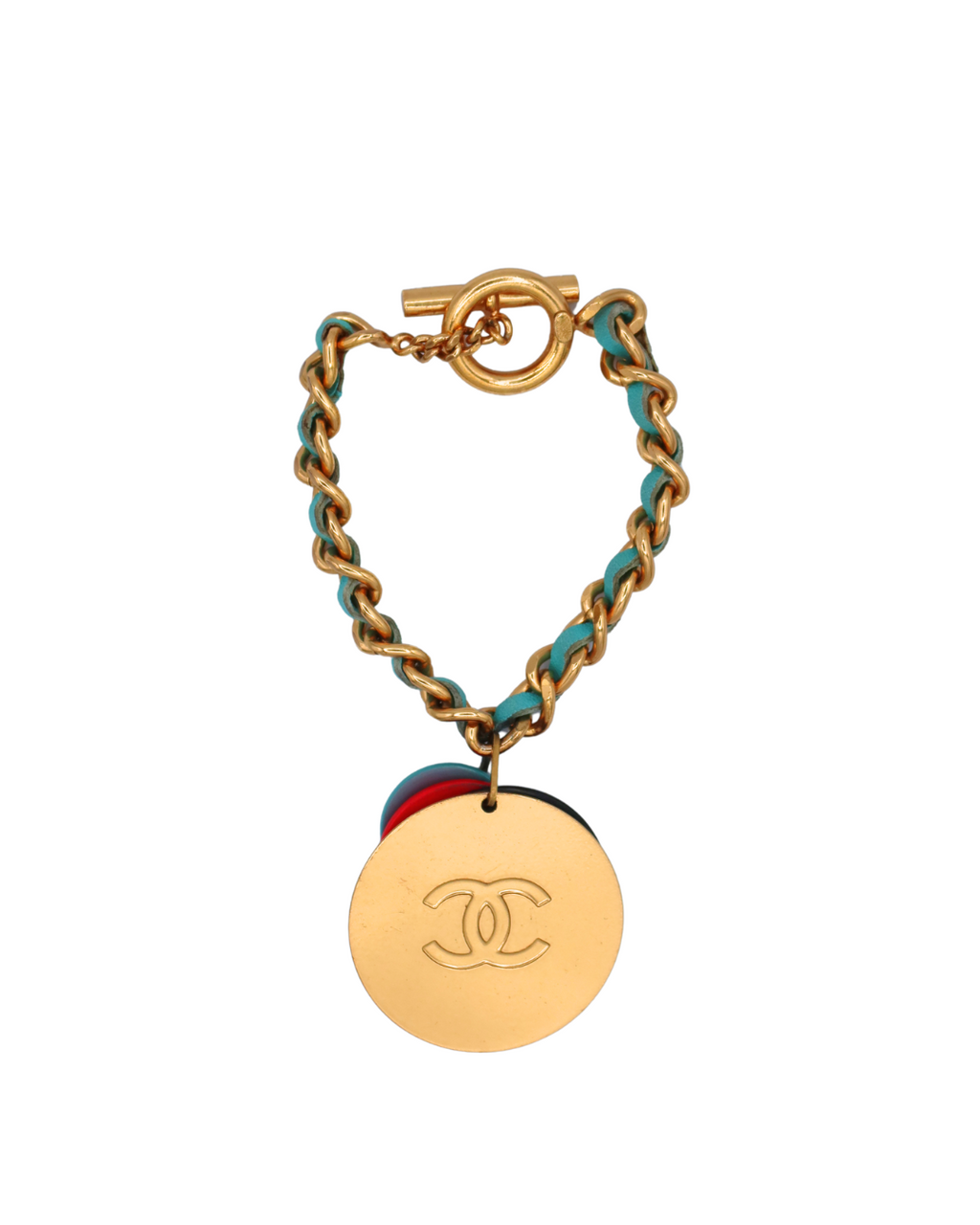 Chanel Vintage Gold Plated CC Medallion Aqua Leather Chain Bracelet
