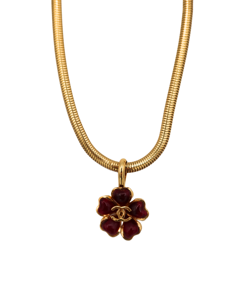 Chanel Vintage Gripoix Pink Red Camellia Gold Plated CC Logo Necklace 1997
