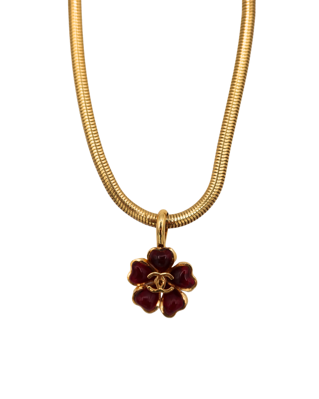 Chanel Vintage Gripoix Pink Red Camellia Gold Plated CC Logo Necklace 1997