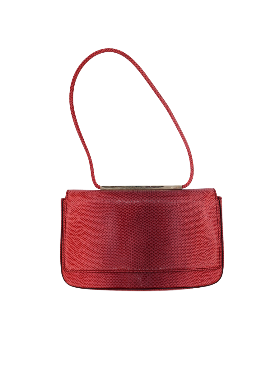 Gucci Vintage Red Lizard-Textured Leather Flap Shoulder Bag with Gold Bar