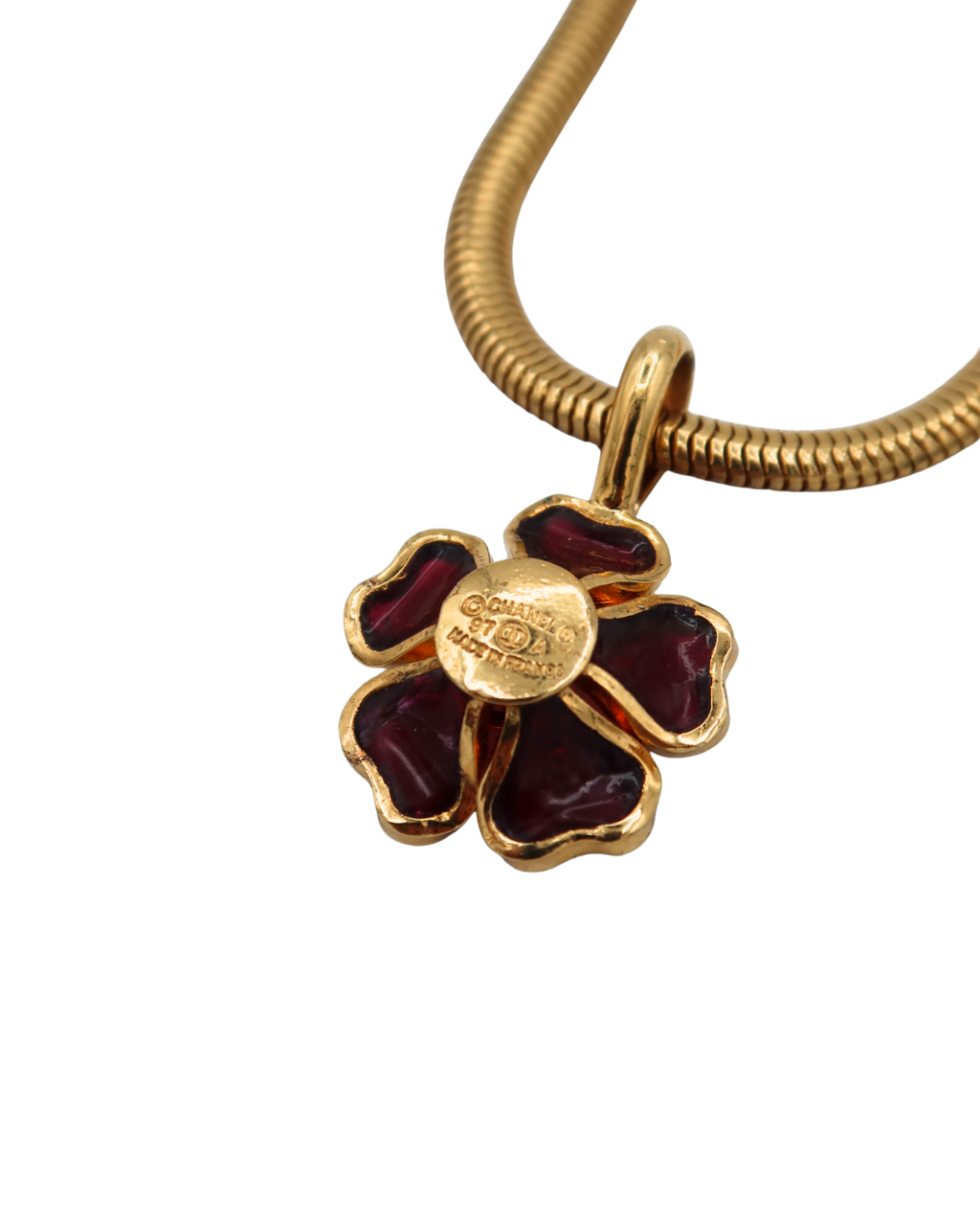 Chanel Vintage Gripoix Pink Red Camellia Gold Plated CC Logo Necklace 1997