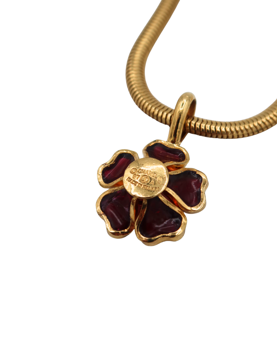 Chanel Vintage Gripoix Pink Red Camellia Gold Plated CC Logo Necklace 1997