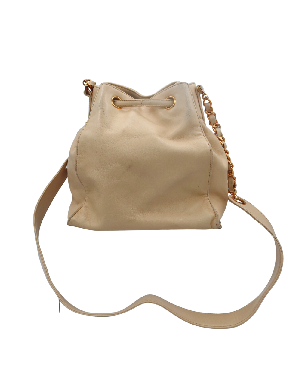 Chanel Vintage CC Drawstring Bucket Bag in Beige Lambskin Leather 1994-1996