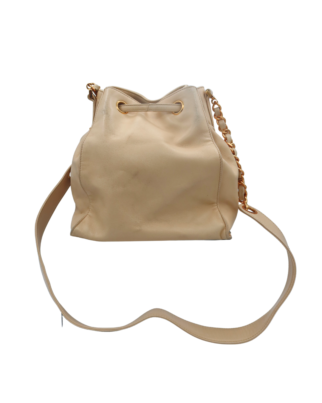 Chanel Vintage CC Drawstring Bucket Bag in Beige Lambskin Leather 1994-1996