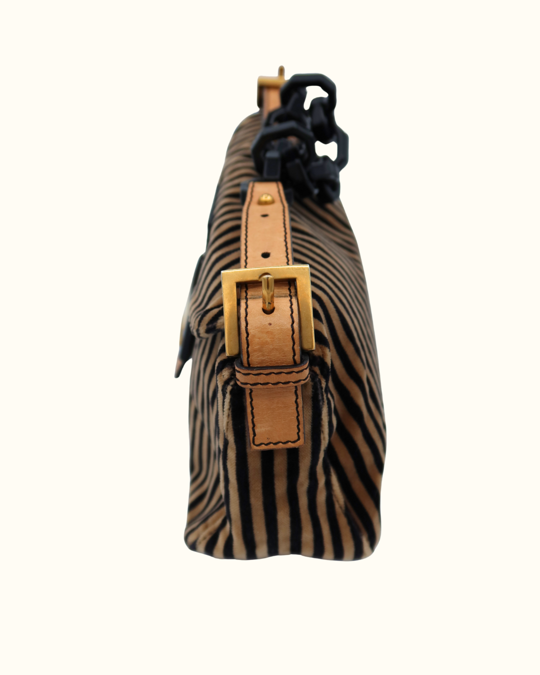 Fendi Velvet Black Beige Striped Baguette Bag
