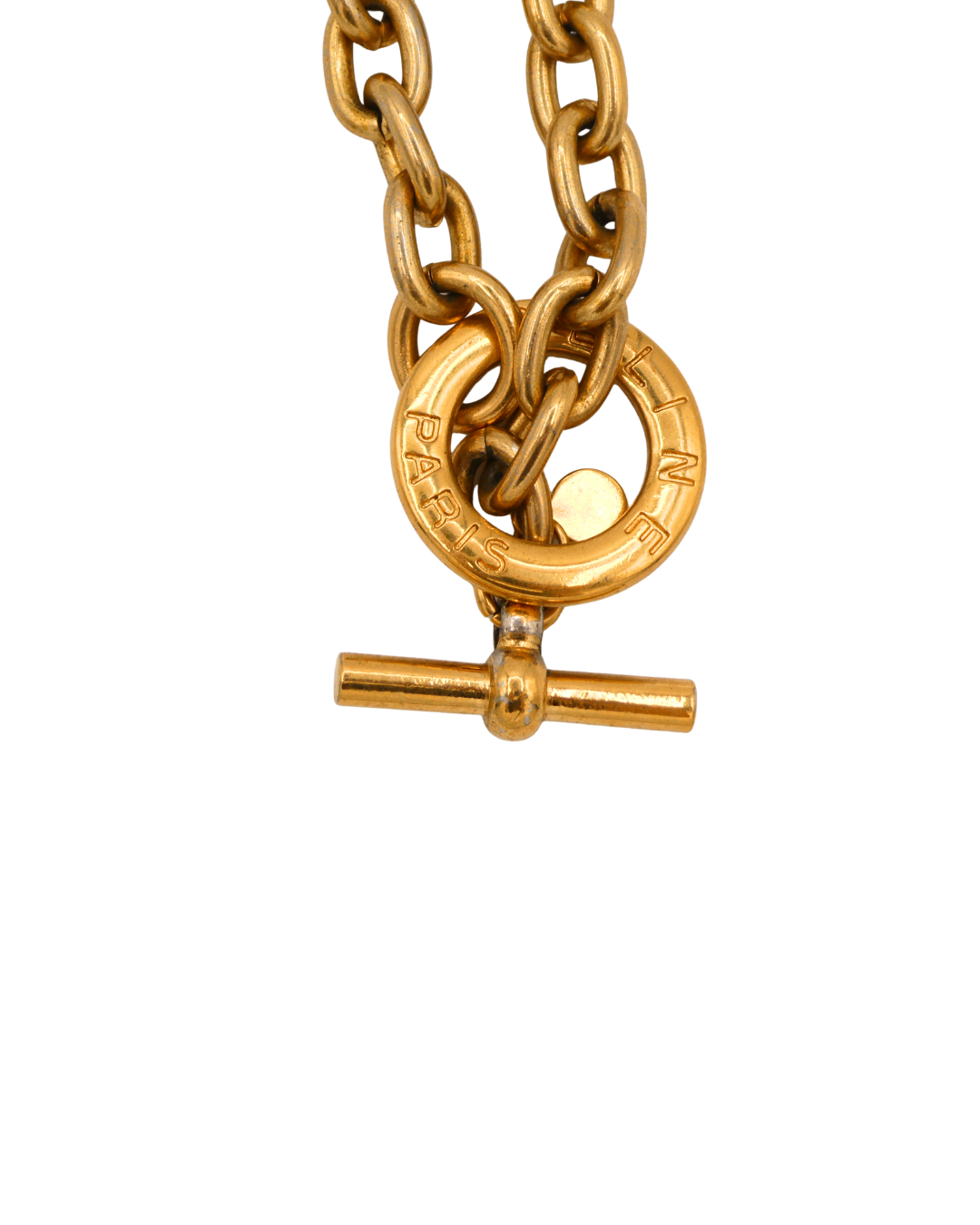 Celine Vintage Gold Tone Blazon Triomphe Logo Pendant Necklace