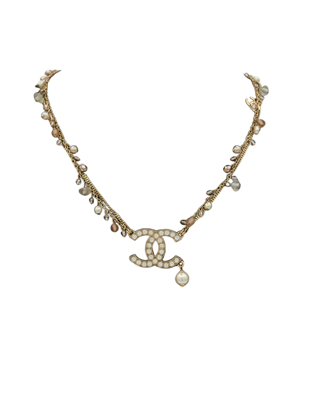Chanel Vintage Beaded Crystal CC Pearl Drop Necklace 02P