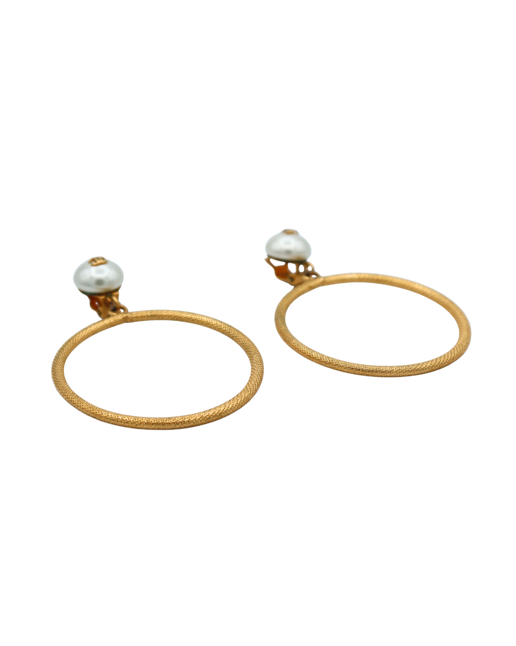 Chanel Vintage Gold Plated Hoop Clip On Earrings with Faux Pearl