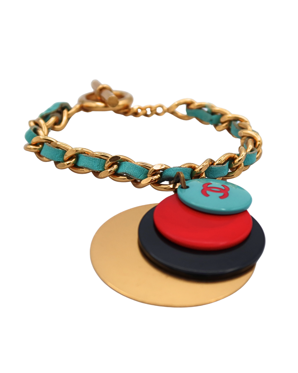 Chanel Vintage Gold Plated CC Medallion Aqua Leather Chain Bracelet