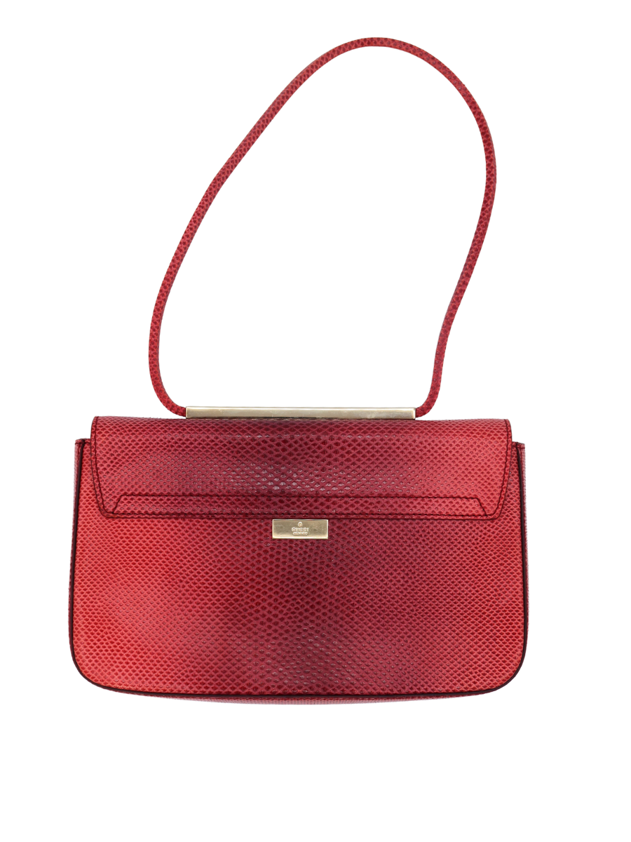 Gucci Vintage Red Lizard-Textured Leather Flap Shoulder Bag with Gold Bar