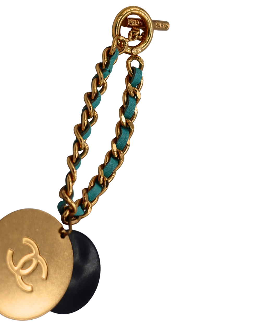 Chanel Vintage Gold Plated CC Medallion Aqua Leather Chain Bracelet
