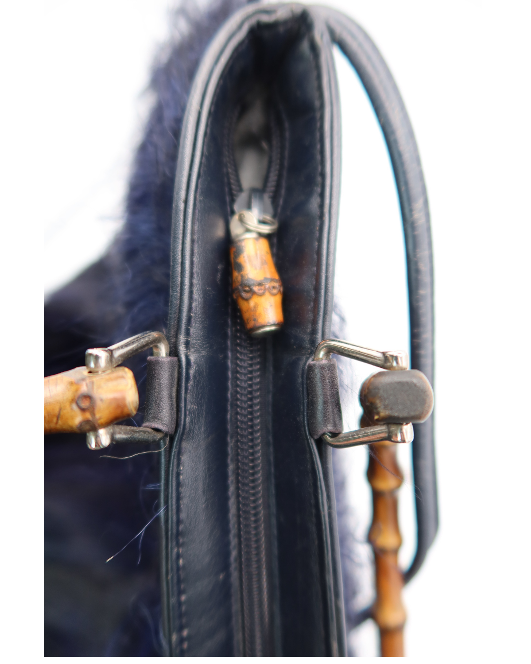 Gucci Rare Vintage Black and Blue Pony Hair Bamboo Bag 2 Way