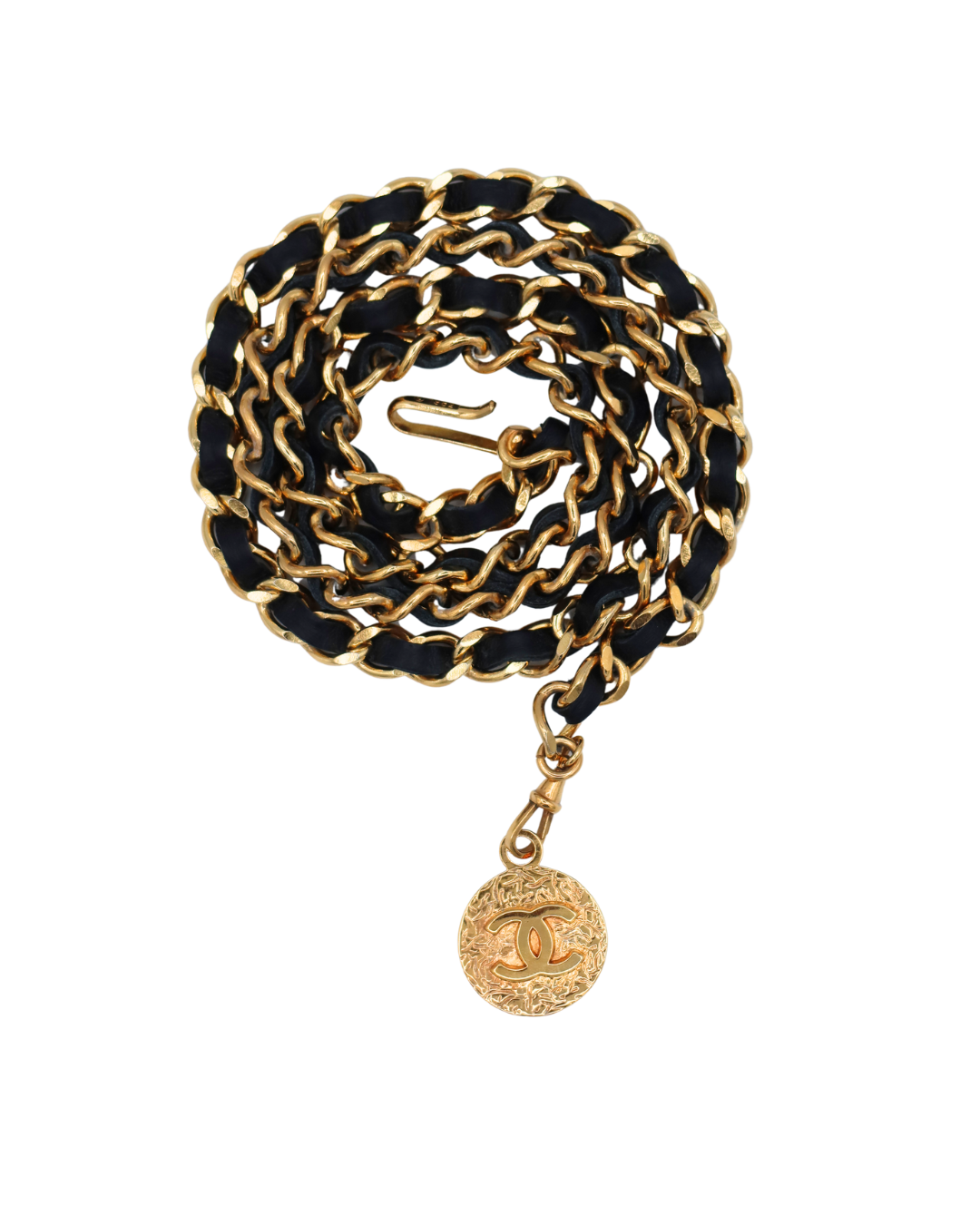 Chanel Black Leather Chain Belt with Coco Mark Medallion