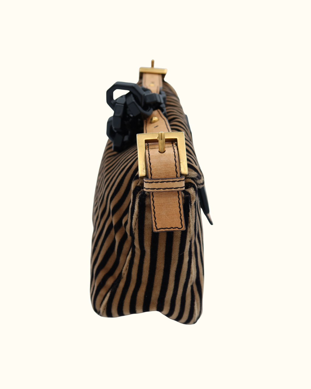 Fendi Velvet Black Beige Striped Baguette Bag