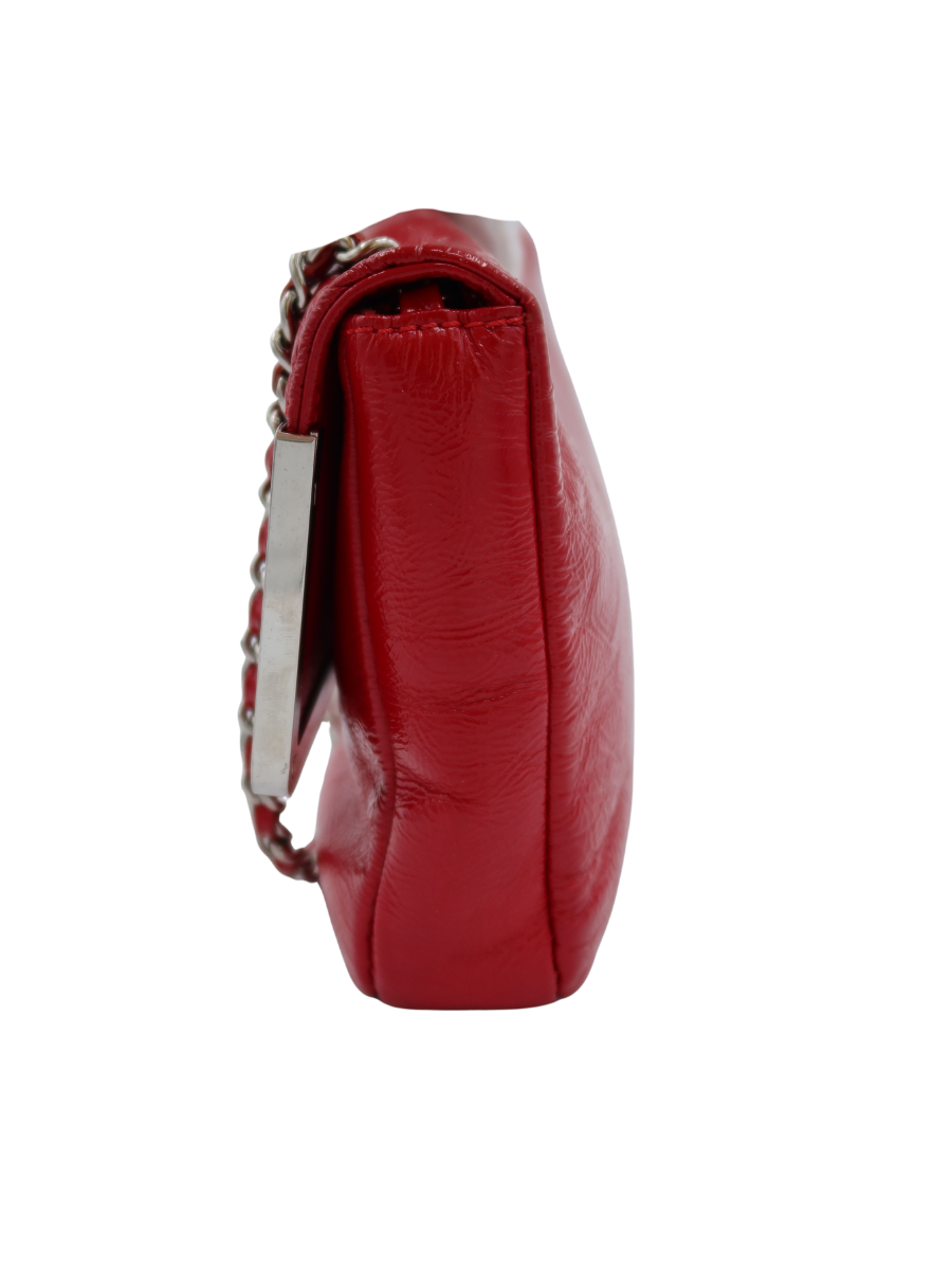 Chanel Vintage Red Crinkled Patent Leather Frame Flap Bag with Silver Hardware 2006-2008