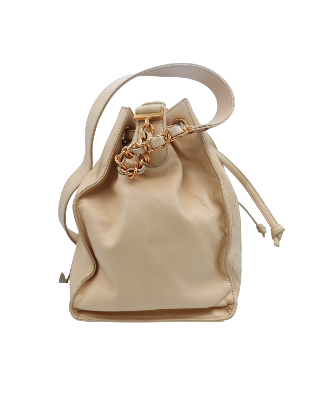 Chanel Vintage CC Drawstring Bucket Bag in Beige Lambskin Leather 1994-1996