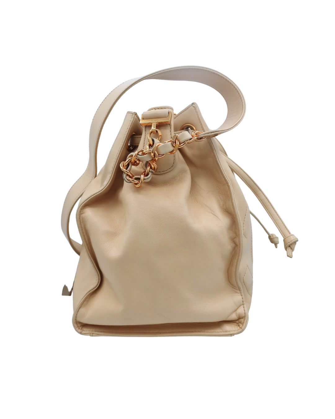 Chanel Vintage CC Drawstring Bucket Bag in Beige Lambskin Leather 1994-1996