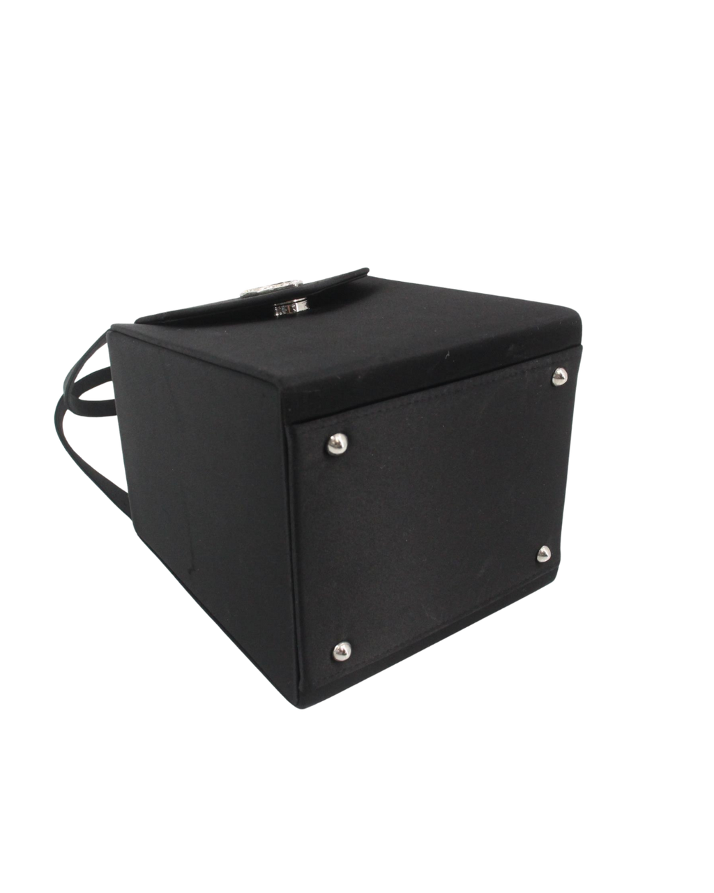 YSL Vintage Black Satin Box Bag with Rhinestone Heart