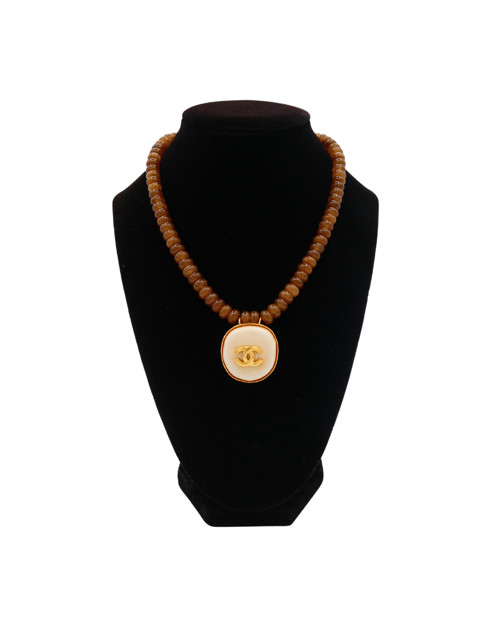 Chanel Reworked Brown Beaded Necklace with Chanel Charm