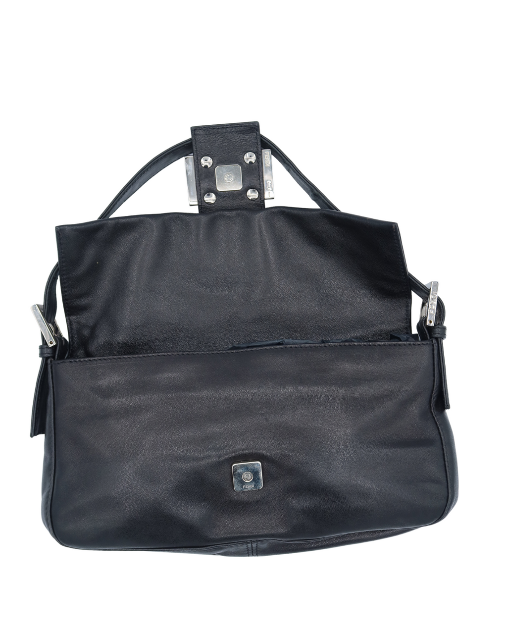 Fendi Baguette in Black Leather with Marble Buckle and Silver Hardware